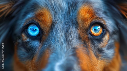  A tight shot of a dog's blue eyes with a softly blurred background of its head