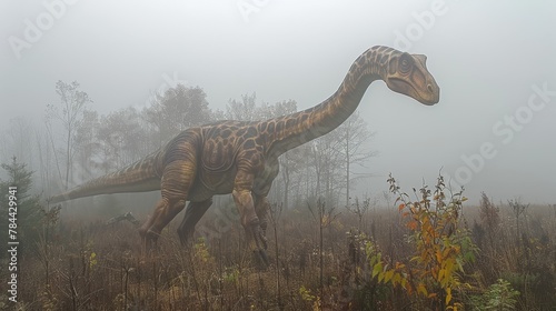   A towering dinosaur amidst a forest of tall grass and trees on a fog-shrouded day
