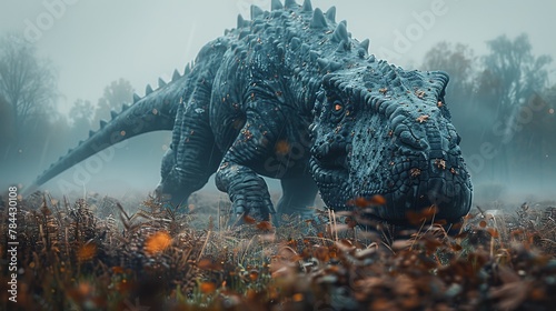  A tight shot of a dinosaur amidst a field of grasses Trees line the backdrop, and fog cloaks the sky above