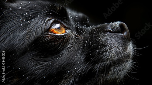  A tight shot of a black dog's expressive face, adorned with droplets of water clinging to its eyes and nostrils