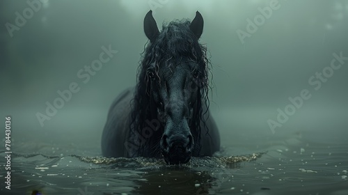   A horse submerged in water, head raised above the surface © Jevjenijs
