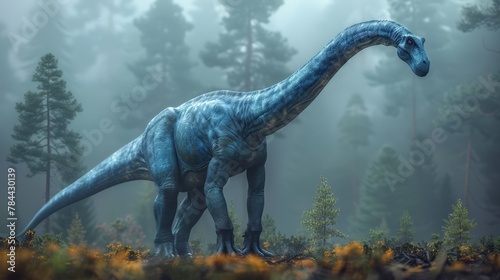   A blue dinosaur stands in a foggy forest  surrounded by trees and bushes in the background