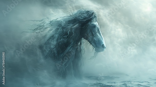   A horse with long mane submerged in foggy water, its head emerging © Jevjenijs