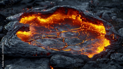 A tight shot of a wooden log with a blazing fire at its heart against a backdrop of molten lava