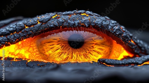   A tight shot of an orange eye in a lava pit's center, surrounded by fiery liquid, against a backdrop of absolute darkness photo