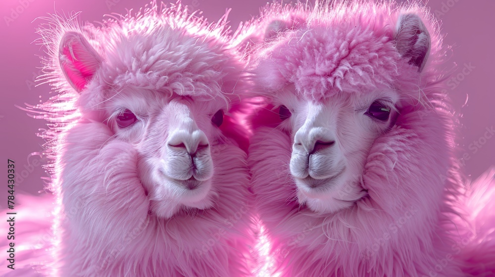 Obraz premium Two llamas, facing front, stand beside each other against a pink backdrop One faces the camera
