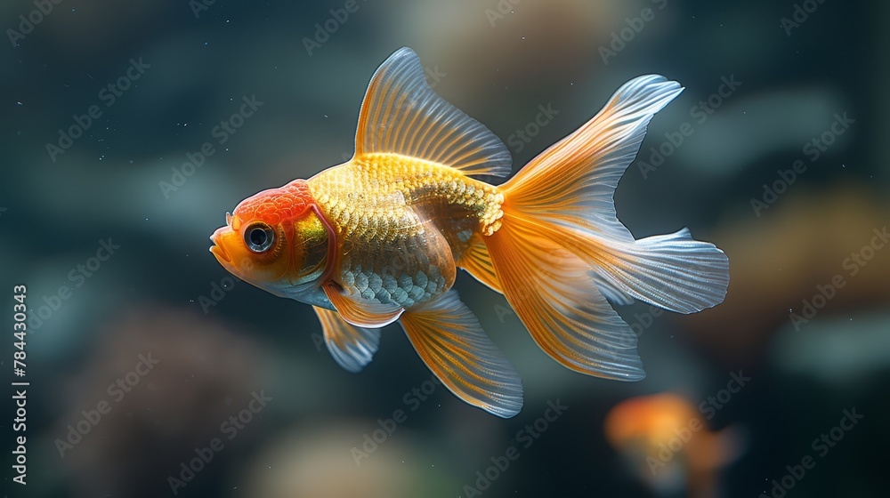   A tight shot of a goldfish swimming against clear water, surrounded by various other fish and arranged rocks in the backdrop