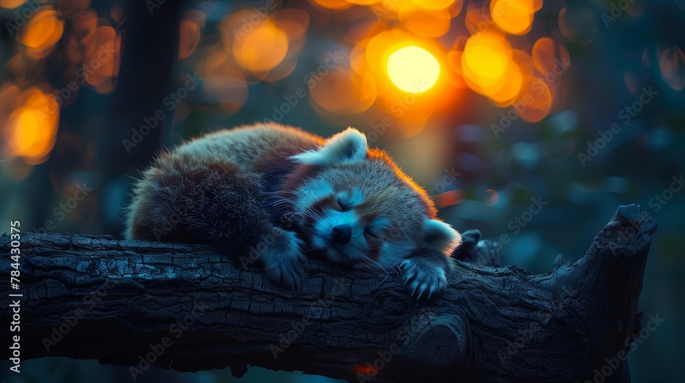   A raccoon naps on a tree branch as the sun filters through leaves, backdrop adorned with twinkling string lights - obrazy, fototapety, plakaty 