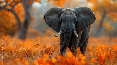 An elephant, adorned with tusks, stands majestically amidst a vibrant field of orange and yellow blooms In the backdrop, trees add a touch of