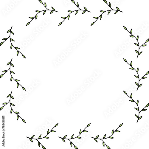 Square frame with wonderful cute green branches on white background. Vector image.