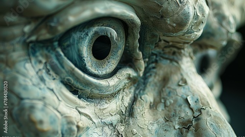   A tight shot of an elephant statue's face reveals a circular hollow within its eye photo
