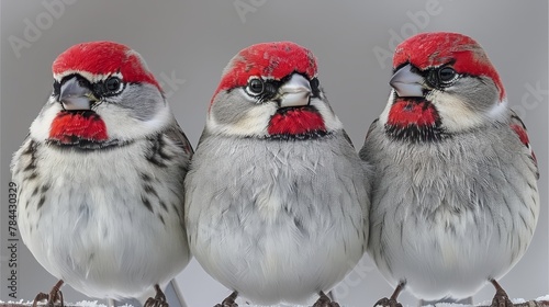  Three birds seated together on a snow-covered ground against a gray backdrop