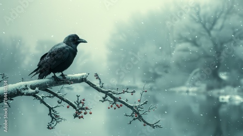   A black bird perches on a tree branch, laden with berries Behind it, a tranquil body of water stretches out © Jevjenijs