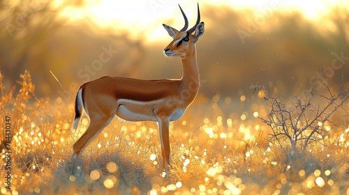   A gazelle poses in a lush field, surrounded by tall grasses Sunlight filters through the trees in the backdrop photo