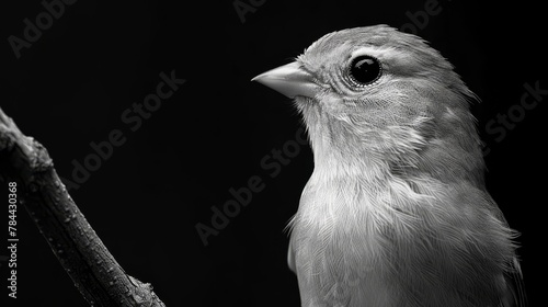   A black-and-white image of a bird perched on a tree branch, its eyes fixed and wide open, against a backdrop of unbroken black photo