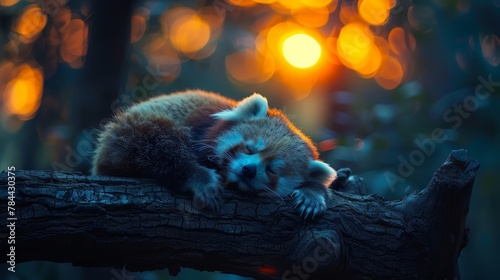  A raccoon naps on a tree branch as the sun filters through leaves, backdrop adorned with twinkling string lights