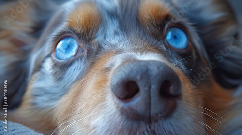  Close-up of a dog's face with blue eyes, blanketed above