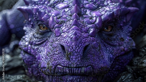  A tight shot of a purple dinosaur's head with a smattering of water on its face