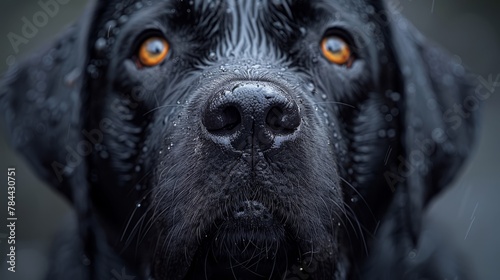  A tight shot of a black dog's expressive face, adorned with droplets of water on its nostrils and teary eyes