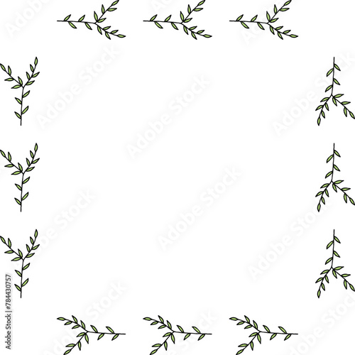 Square frame with wonderful green branches on white background. Vector image.