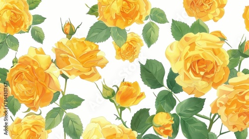 Beautiful Seamless Pattern of Yellow Roses on White Background for Floral Design and Textile Printing