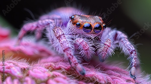  A tight shot of a purple spider atop a pink bloom against a dark backdrop, the background softly blurred