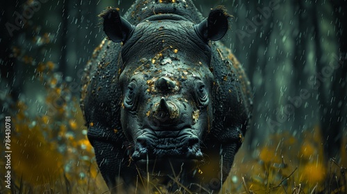   A tight shot of a rhino s face amidst a field of grass dotted with yellow flowers