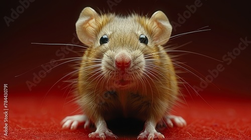  A rodent, closely framed, gazes at the camera from a red carpet, displaying a quizzical expression