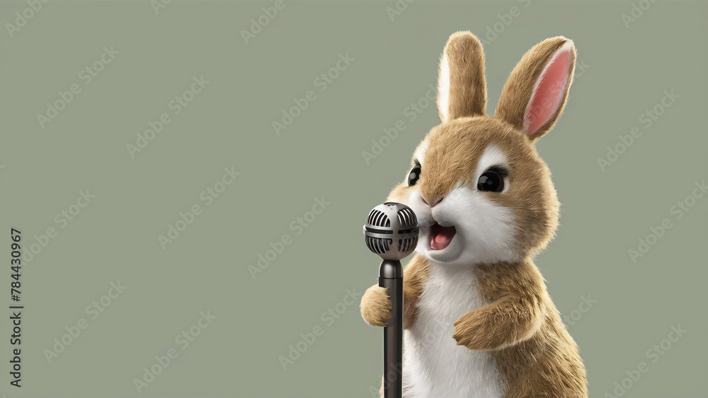 Obraz premium Baby bunny singing with a microphone, Generative AI