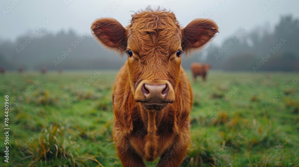   A tight shot of a brown cow grazing in a lush grass field Other cows are scattered in the background at a distance