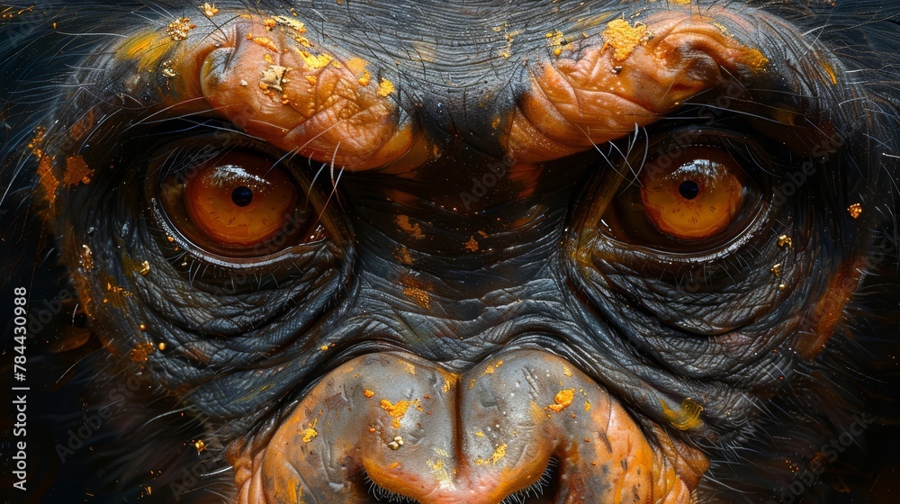   A tight shot of a monkey's face, smeared with orange paint from forehead to chin, covering its eyes and nose - obrazy, fototapety, plakaty 