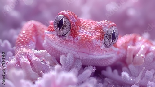   A close-up of a pink frog in a field of pink flowers, with water droplets on its eyes