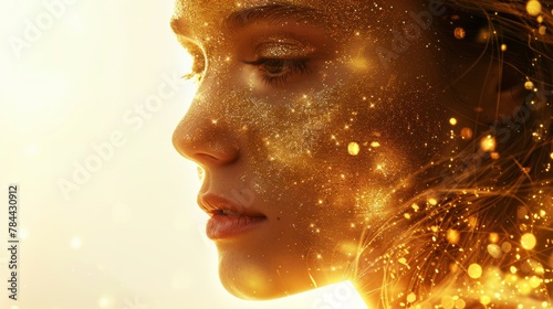 Sparkling light background gold ,detailed a portrait of a woman