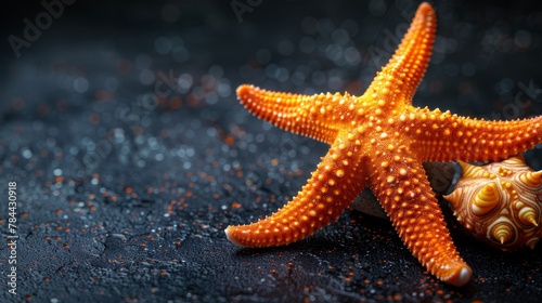   A tight shot of a starfish against a black background  the marine creature situated centrally in frame