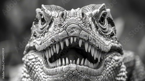   A tight shot of a monochrome image featuring a dinosaur s menacing head and its distinct  sharp teeth