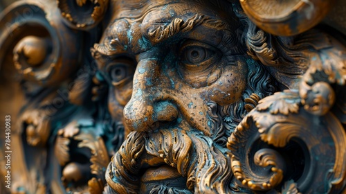  A tight shot of a bearded statue's facial features, displaying a prominent moustache