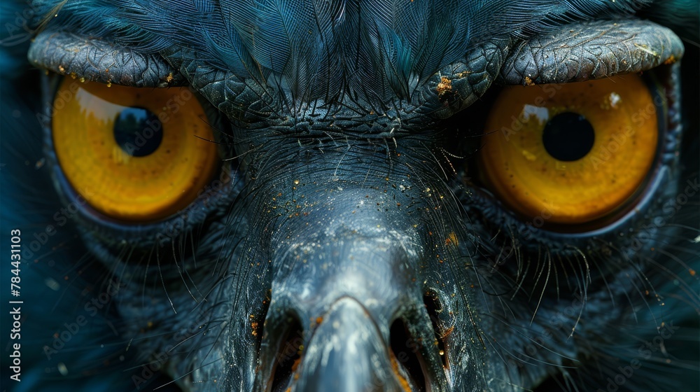   A tight shot of a bird's face with a yellow-eyed bird in the backdrop