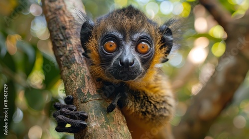  A tight shot of a monkey on a tree branch, revealing its startled expression and wide-open eyes