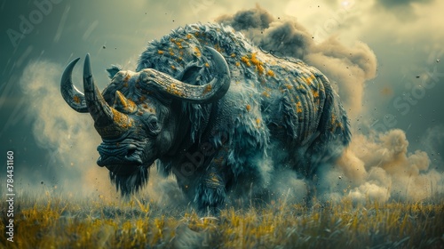  A painting of a bison in a field with heavy smoke billowing from its back