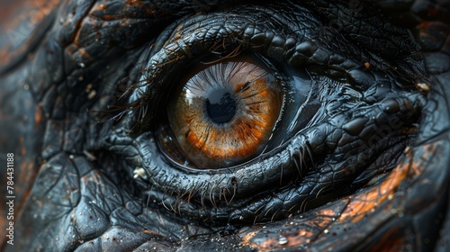   A tight shot of an animal's eye displaying numerous wrinkles around its periphery photo