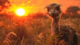   A tight shot of an ostrich in a lush grassy expanse, sun distant and low behind