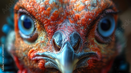   A tight shot of a bird's face, showcasing vivid blue eyes and a vibrant orange-red beak © Jevjenijs
