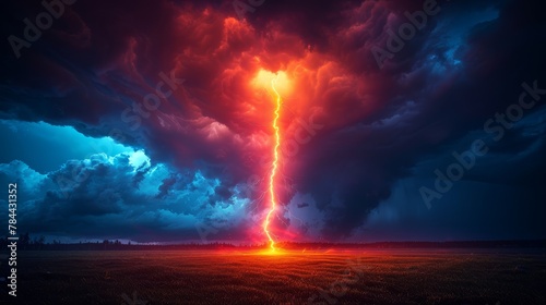  A red-blue sky with a central lightning bolt above a field