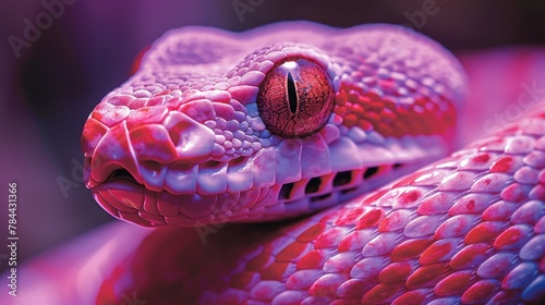  A tight shot of a pink snake's head, adorned with a red-and-white pattern running down its body