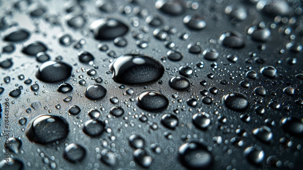   A tight shot of water droplets on a black surface against a deeply blurred black background