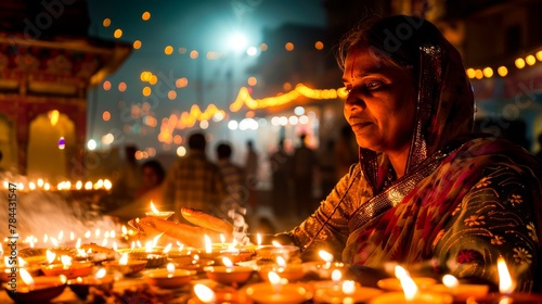 The magical atmosphere of Diwali, with families lighting candles and fireworks, illuminating the streets with warmth and joy across India. photo