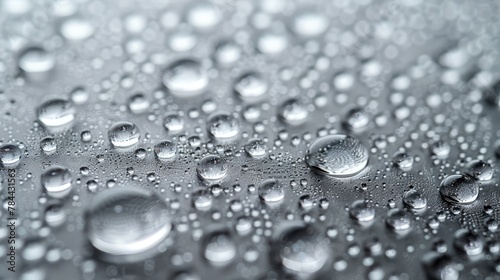  A tight shot of water droplets on a black background, reflecting their images in the minor surface light
