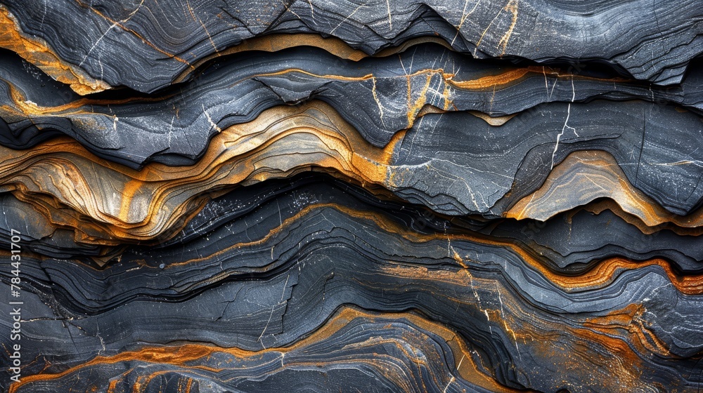 A tight shot of a rock formation, comprised of dark black and earthy brown stones, interspersed with golden streaks A tight shot of a rock formation, comprised of dark black and earthy brown stones, interspersed with golden streaks