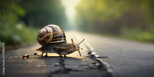Snail crosses the road, surrounded by forest, indicating the impact of human infrastructure on wildlife habitats