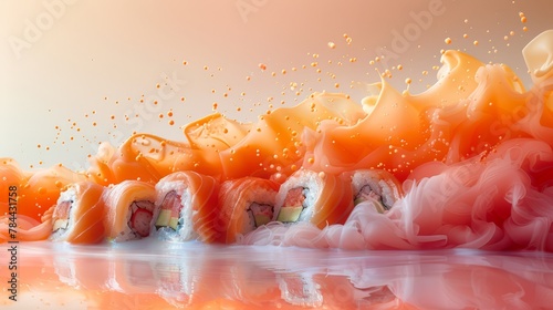   A collection of sushi rolls atop a table, neighboring an amassed pile of orange and pink liquid